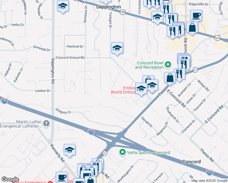 map of restaurants, bars, coffee shops, grocery stores, and more near 12216 Courtwick Drive in Sappington