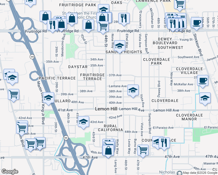 map of restaurants, bars, coffee shops, grocery stores, and more near 4404 Lantana Avenue in Sacramento