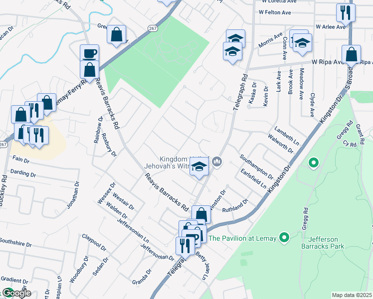 map of restaurants, bars, coffee shops, grocery stores, and more near 2400 Wembley Drive in St. Louis
