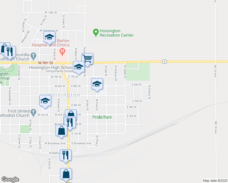 map of restaurants, bars, coffee shops, grocery stores, and more near 513 North Hickory Street in Hoisington