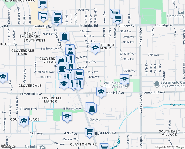 map of restaurants, bars, coffee shops, grocery stores, and more near 5933 60th Street in Sacramento