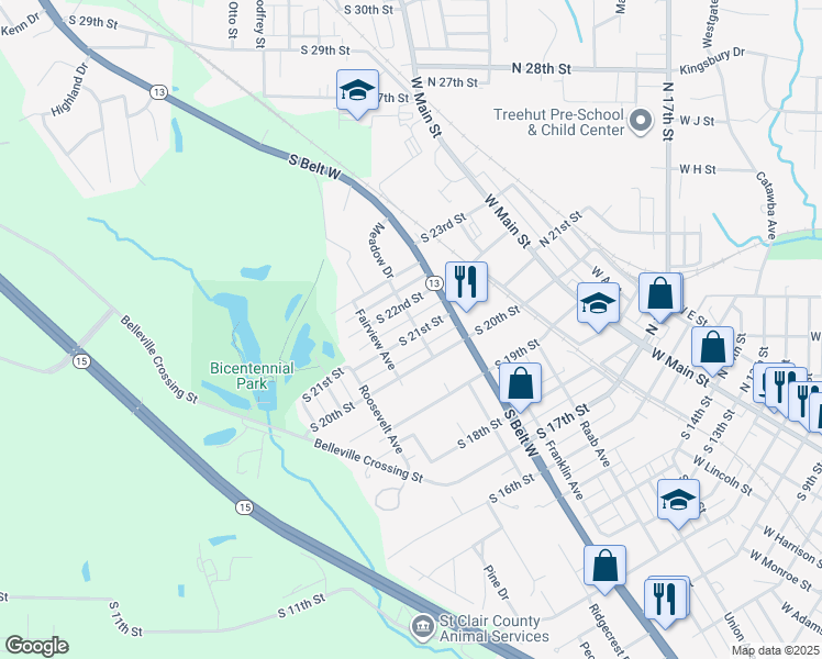 map of restaurants, bars, coffee shops, grocery stores, and more near 501 South 21st Street in Belleville