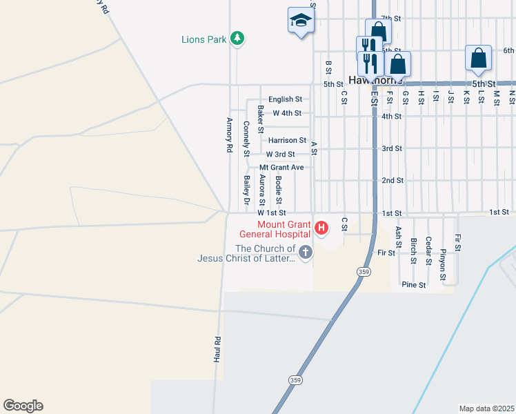 map of restaurants, bars, coffee shops, grocery stores, and more near 187 West 1st Street in Hawthorne