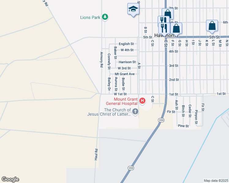 map of restaurants, bars, coffee shops, grocery stores, and more near 187 West 1st Street in Hawthorne
