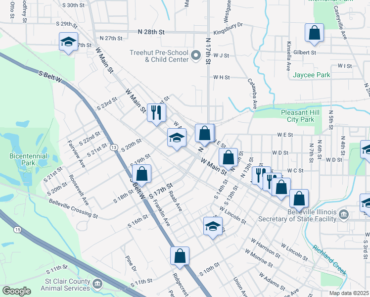 map of restaurants, bars, coffee shops, grocery stores, and more near 1722 West Main Street in Belleville