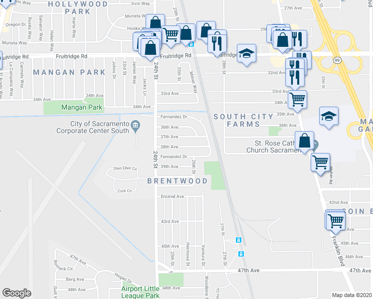 map of restaurants, bars, coffee shops, grocery stores, and more near 2500 38th Avenue in Sacramento