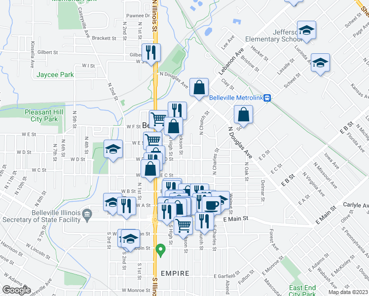 map of restaurants, bars, coffee shops, grocery stores, and more near 202 East E Street in Belleville