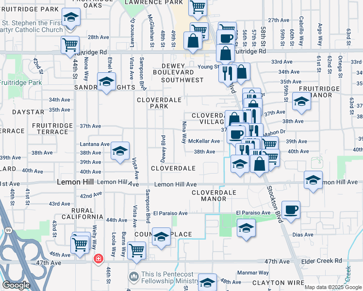 map of restaurants, bars, coffee shops, grocery stores, and more near 5910 Nina Way in Sacramento