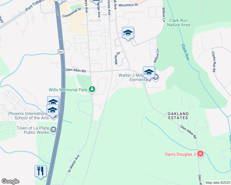 map of restaurants, bars, coffee shops, grocery stores, and more near 1022 Glen Oak Court in La Plata