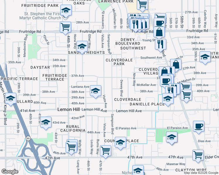 map of restaurants, bars, coffee shops, grocery stores, and more near 5960 Sampson Boulevard in Sacramento