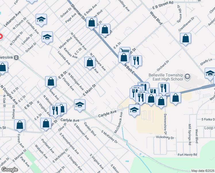 map of restaurants, bars, coffee shops, grocery stores, and more near 11 S Indiana Ave in Belleville