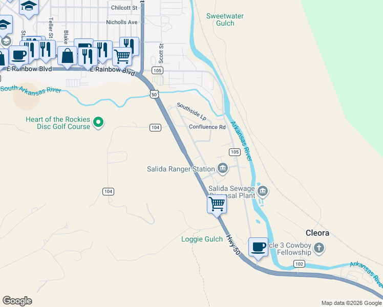 map of restaurants, bars, coffee shops, grocery stores, and more near 5747 U.S. 50 in Salida