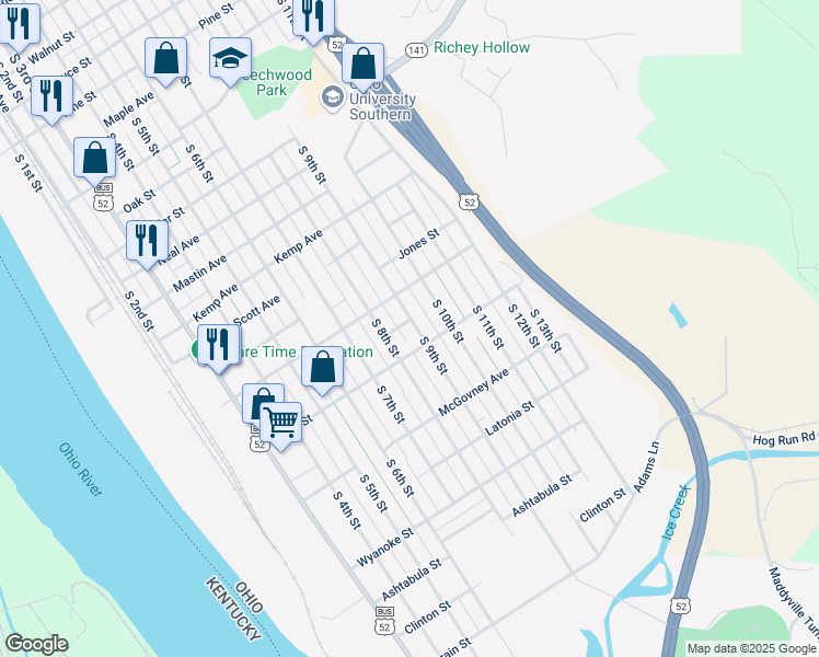 map of restaurants, bars, coffee shops, grocery stores, and more near 2426 South 9th Street in Ironton