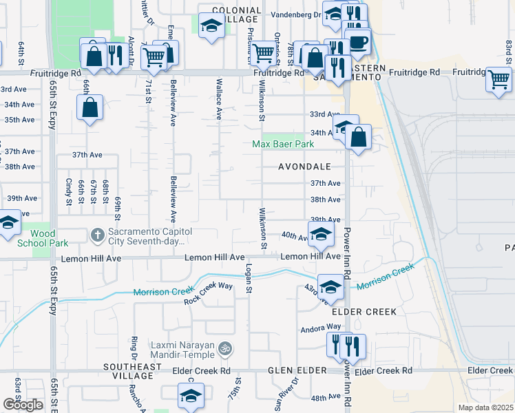map of restaurants, bars, coffee shops, grocery stores, and more near 5974 Wilkinson Street in Sacramento