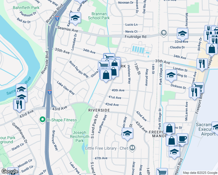 map of restaurants, bars, coffee shops, grocery stores, and more near 5982 South Land Park Drive in Sacramento