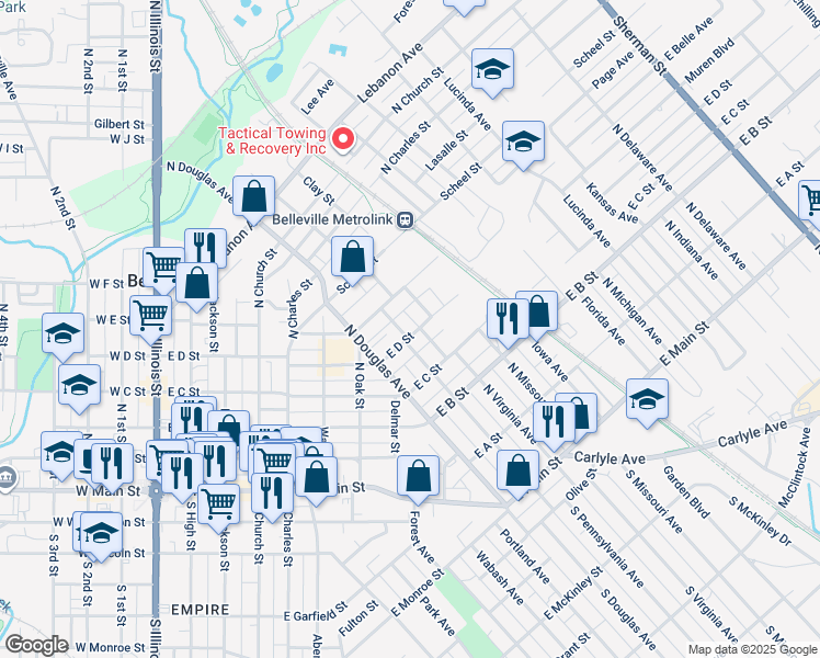 map of restaurants, bars, coffee shops, grocery stores, and more near 400 N Pennsylvania Ave in Belleville