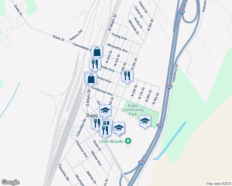 map of restaurants, bars, coffee shops, grocery stores, and more near 104 North 4th Street in Dupo