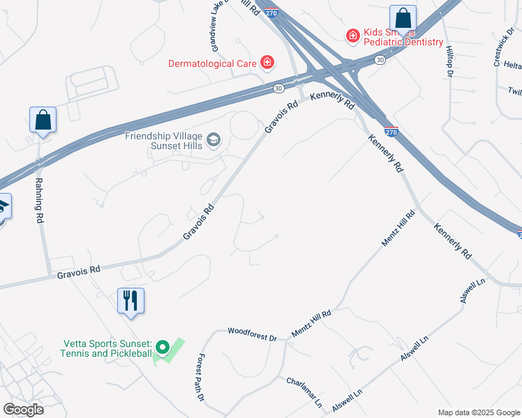 map of restaurants, bars, coffee shops, grocery stores, and more near 12511 Triple Oaks Drive in St. Louis
