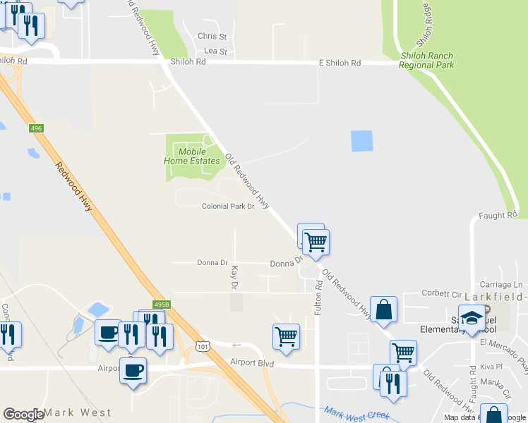 map of restaurants, bars, coffee shops, grocery stores, and more near 5645 Old Redwood Highway in Santa Rosa