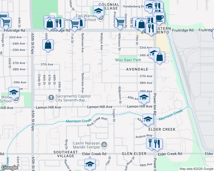 map of restaurants, bars, coffee shops, grocery stores, and more near 7532 38th Avenue in Sacramento