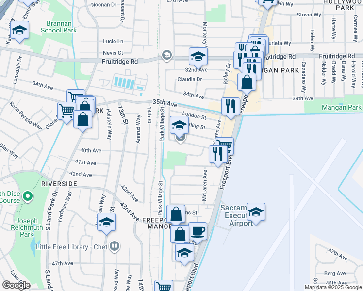 map of restaurants, bars, coffee shops, grocery stores, and more near 1506 Dickson Street in Sacramento