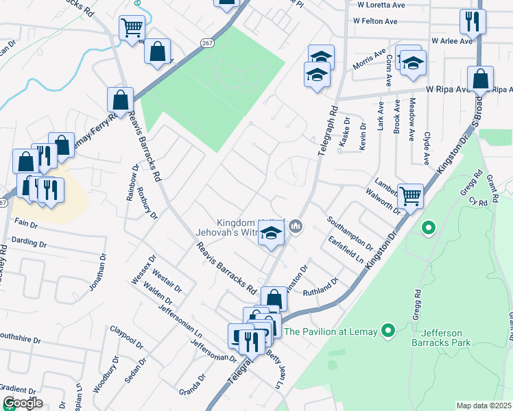 map of restaurants, bars, coffee shops, grocery stores, and more near 2400 Wembley Drive in Saint Louis