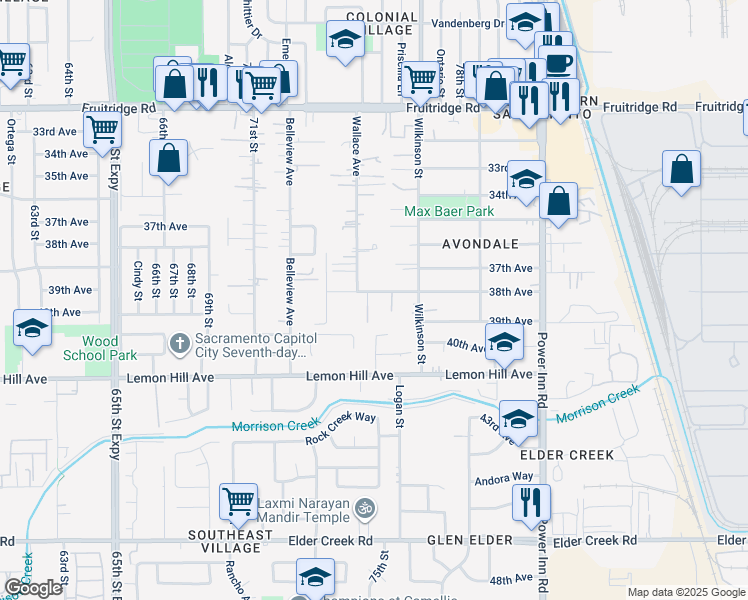 map of restaurants, bars, coffee shops, grocery stores, and more near 7532 38th Avenue in Sacramento