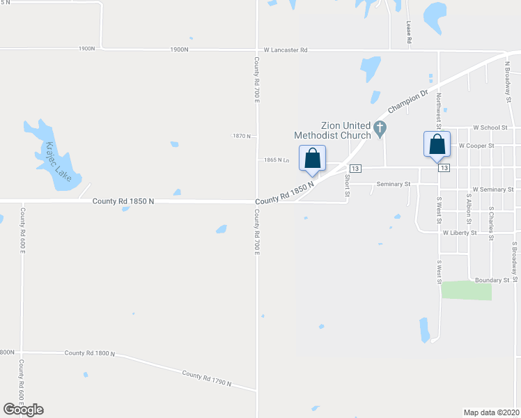 map of restaurants, bars, coffee shops, grocery stores, and more near 1844 County Road 700 East in West Salem