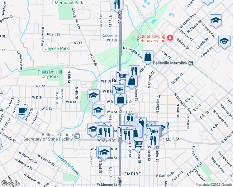 map of restaurants, bars, coffee shops, grocery stores, and more near 423 North Illinois Street in Belleville