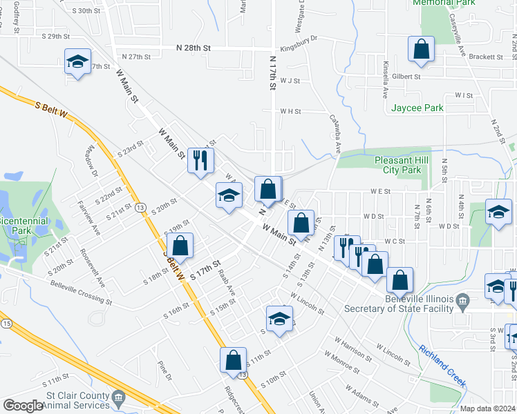 map of restaurants, bars, coffee shops, grocery stores, and more near 11 North 17th Street in Belleville