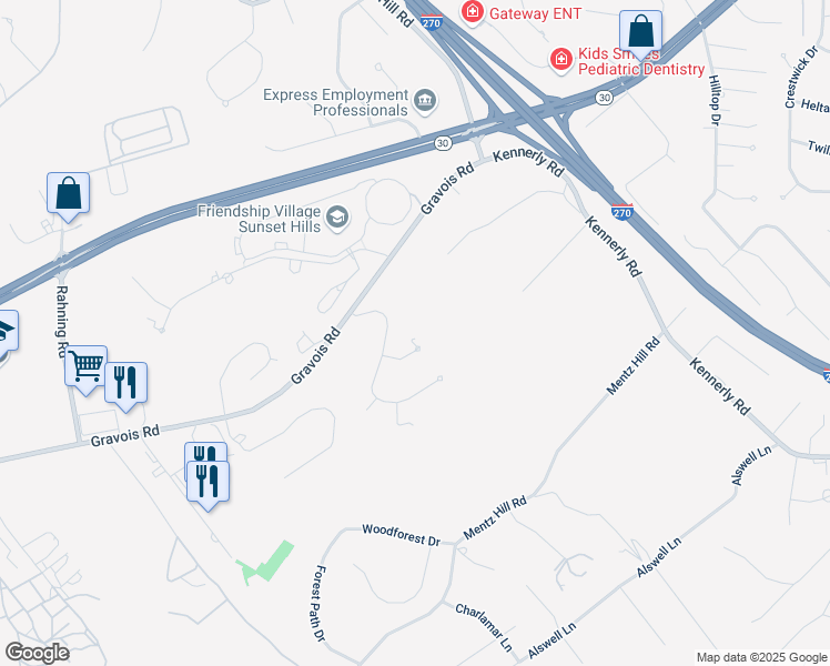 map of restaurants, bars, coffee shops, grocery stores, and more near 12511 Triple Oaks Drive in St. Louis