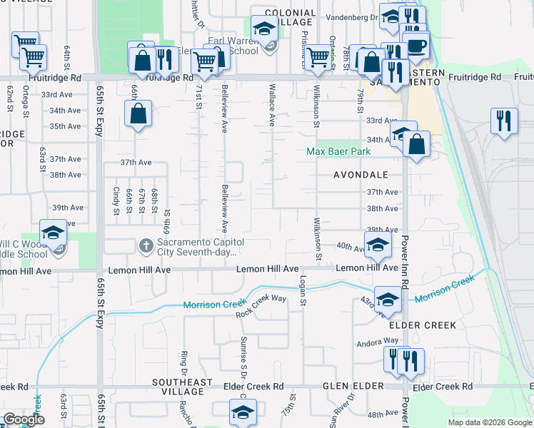 map of restaurants, bars, coffee shops, grocery stores, and more near 7430 38th Avenue in Sacramento