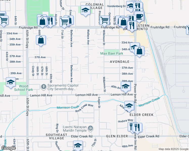 map of restaurants, bars, coffee shops, grocery stores, and more near 7532 38th Avenue in Sacramento
