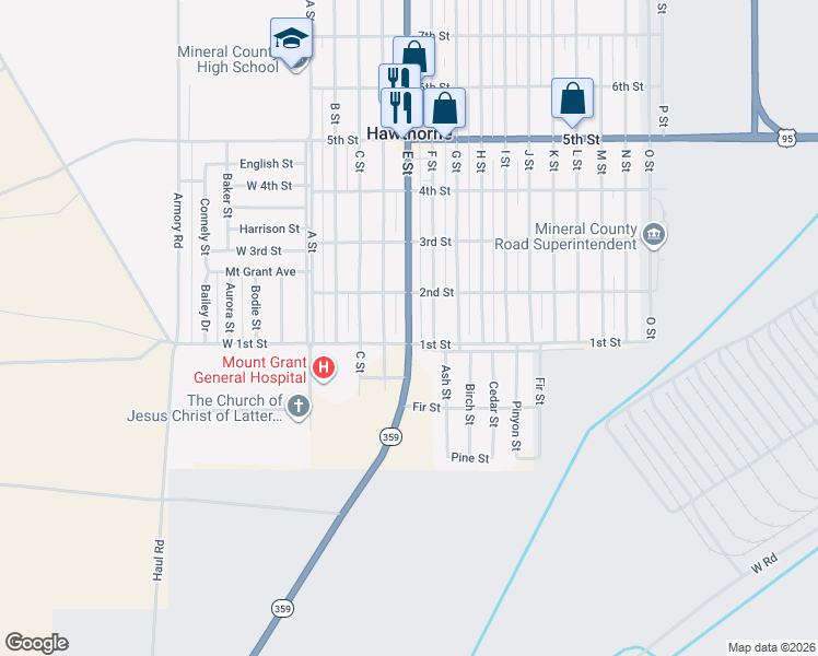 map of restaurants, bars, coffee shops, grocery stores, and more near E Street in Hawthorne