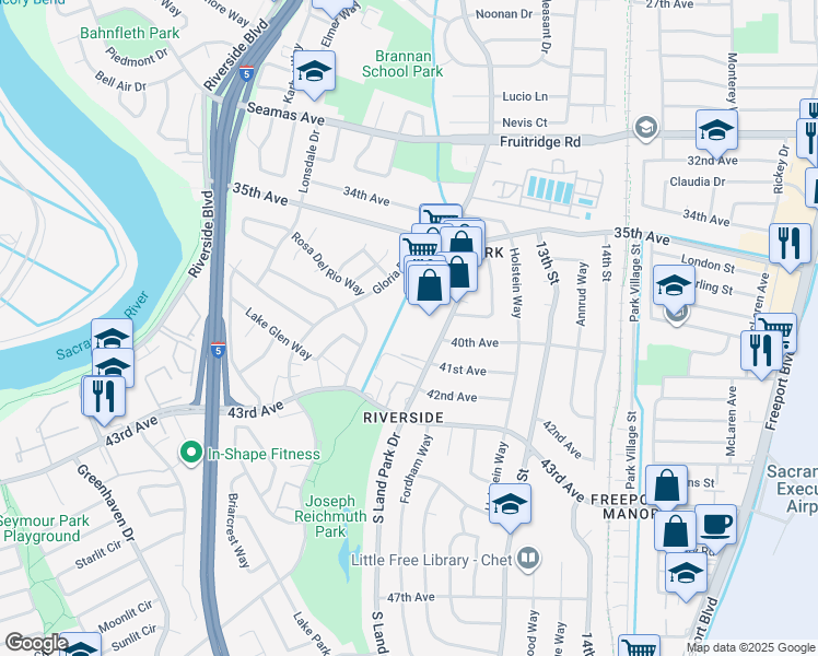 map of restaurants, bars, coffee shops, grocery stores, and more near 6000 South Land Park Drive in Sacramento