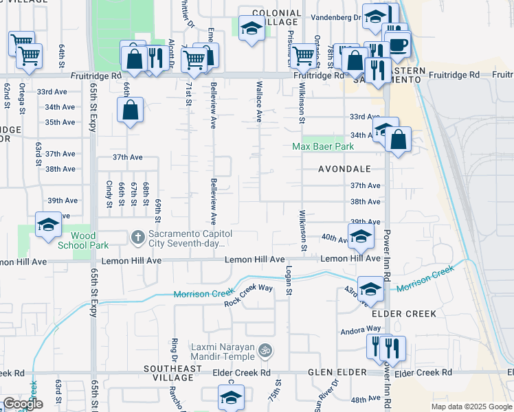 map of restaurants, bars, coffee shops, grocery stores, and more near 7440 38th Avenue in Sacramento
