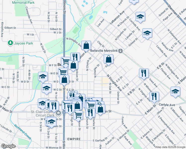 map of restaurants, bars, coffee shops, grocery stores, and more near 505 North Charles Street in Belleville