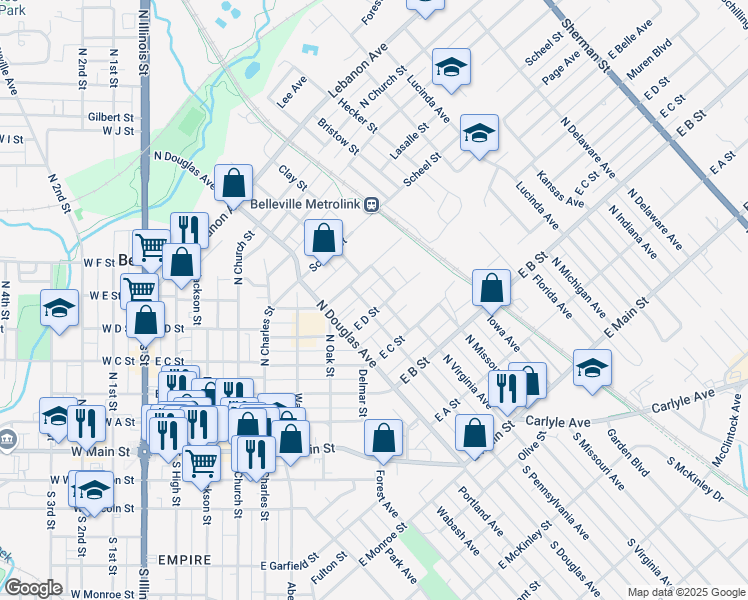 map of restaurants, bars, coffee shops, grocery stores, and more near 400 North Pennsylvania Avenue in Belleville