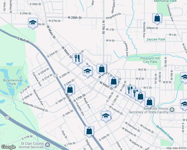 map of restaurants, bars, coffee shops, grocery stores, and more near 9 North 17th Street in Belleville