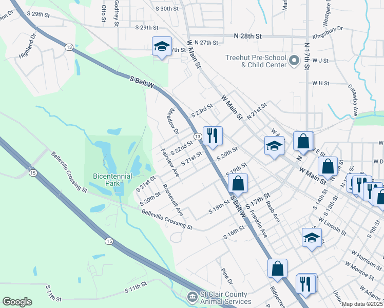 map of restaurants, bars, coffee shops, grocery stores, and more near 501 South 21st Street in Belleville