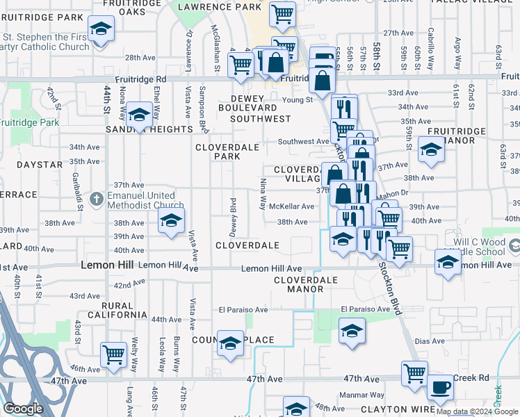 map of restaurants, bars, coffee shops, grocery stores, and more near 5900 Nina Way in Sacramento