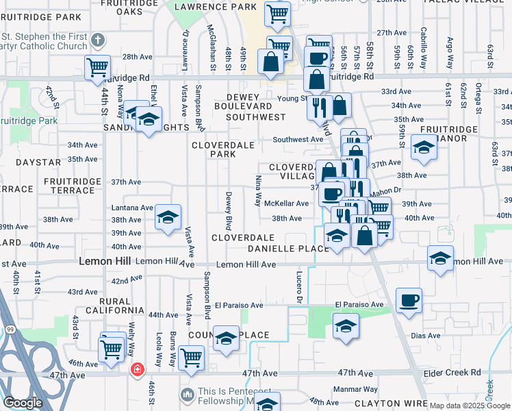 map of restaurants, bars, coffee shops, grocery stores, and more near 5900 Nina Way in Sacramento