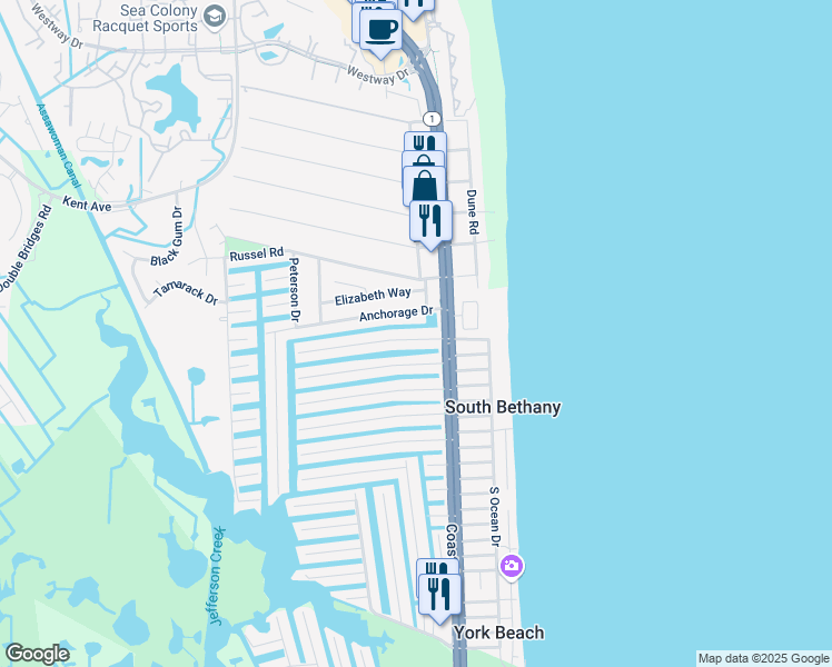 map of restaurants, bars, coffee shops, grocery stores, and more near 116 Petherton Drive in Bethany Beach