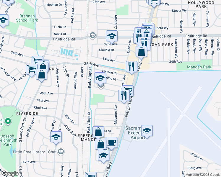 map of restaurants, bars, coffee shops, grocery stores, and more near 1506 Dickson Street in Sacramento