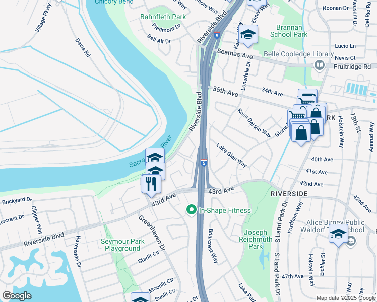 map of restaurants, bars, coffee shops, grocery stores, and more near 5953 Riverside Boulevard in Sacramento