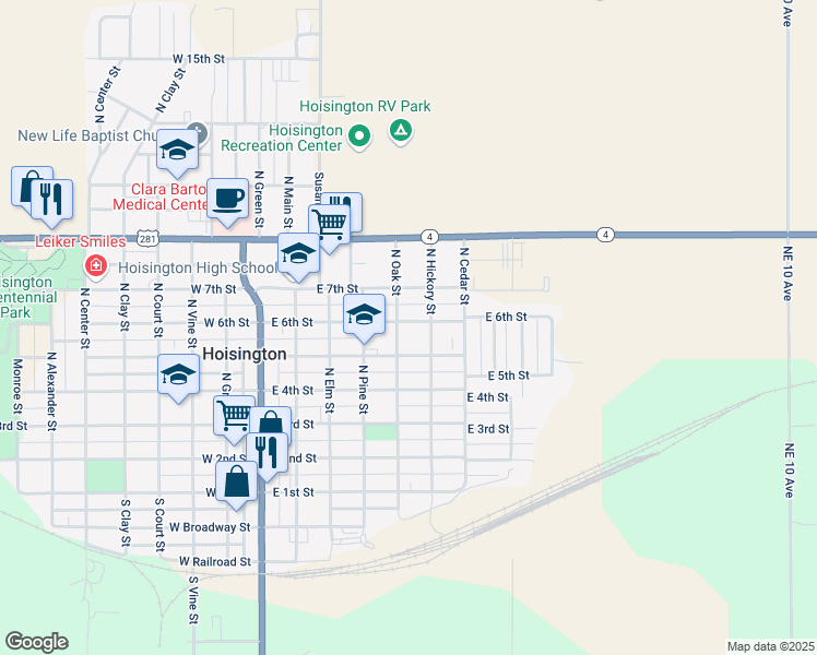 map of restaurants, bars, coffee shops, grocery stores, and more near 509 East 6th Street in Hoisington
