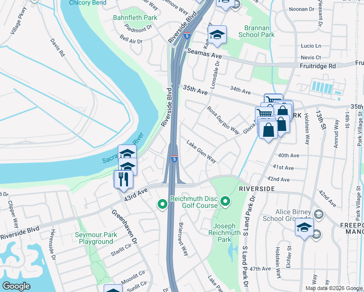 map of restaurants, bars, coffee shops, grocery stores, and more near 1042 Lake Glen Way in Sacramento