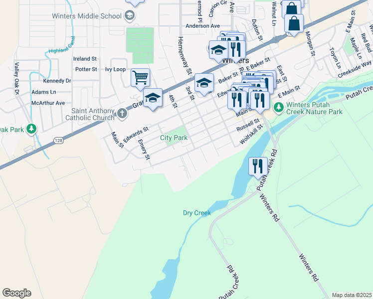 map of restaurants, bars, coffee shops, grocery stores, and more near 413 1/2 Russell Street in Winters