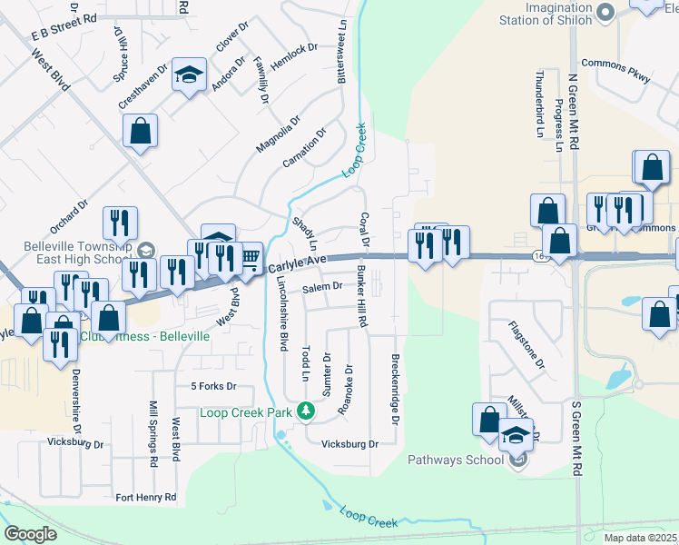 map of restaurants, bars, coffee shops, grocery stores, and more near 1325 Salem Drive in Belleville