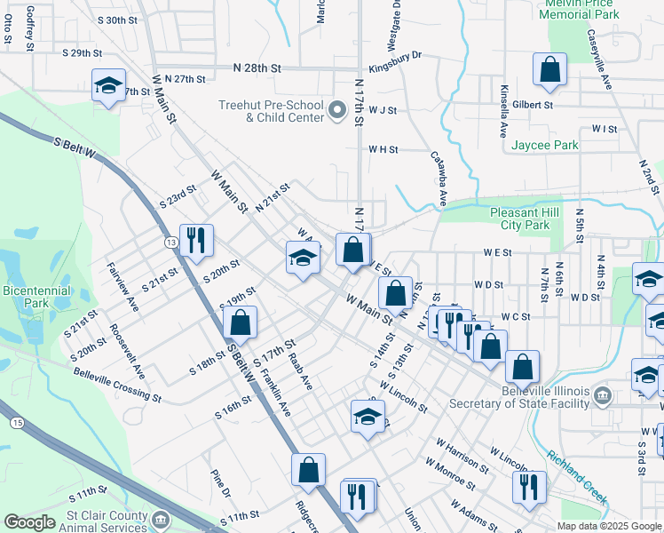 map of restaurants, bars, coffee shops, grocery stores, and more near 9 North 17th Street in Belleville